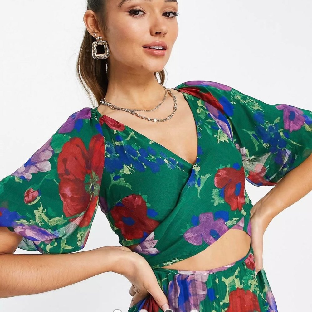ASOS DESIGN wrap around pleated midi dress in green floral print